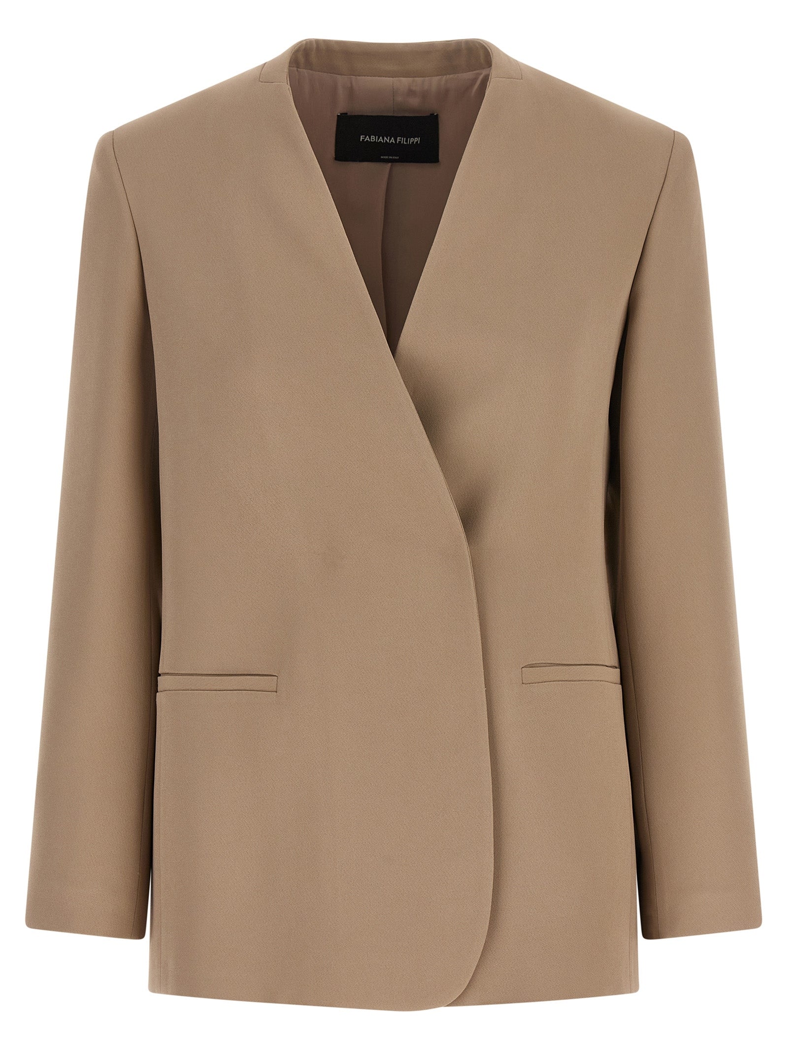 Blazer by Fabiana Filippi for women in linen twill viscose & acetate beige & camel showcases a discerning silhouette, elegantly detailed with a sophisticated v-neck split lapel neckline and premium for a truly discerning finish.