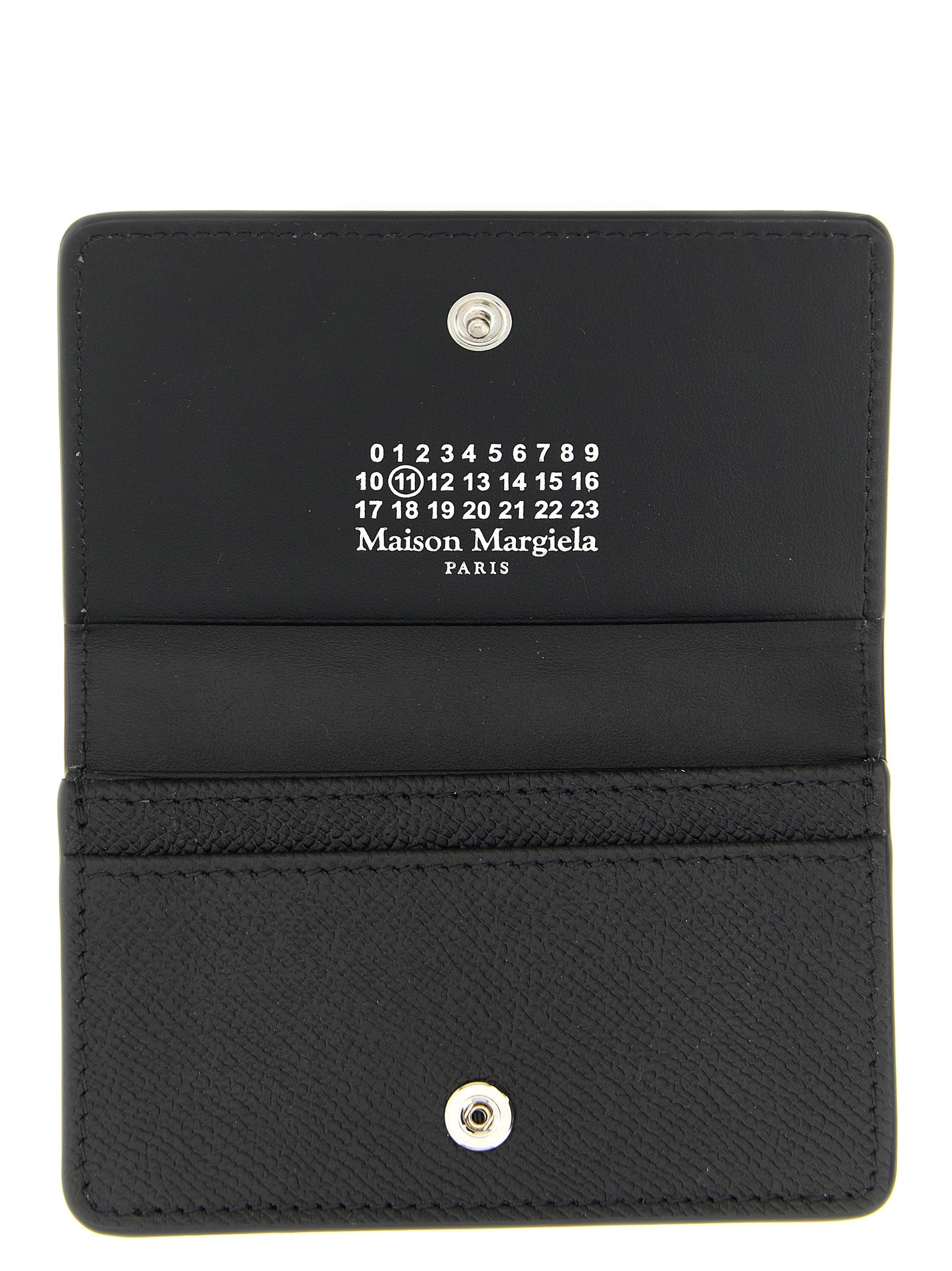 Cardholder Card Case by Maison Margiela for women in calfskin leather black, silver & signature features a sleek silhouette, showcasing the sleek design of the Four Stitches Calfskin Leather Cardholder Card Case with functional card-organization for a premium look.