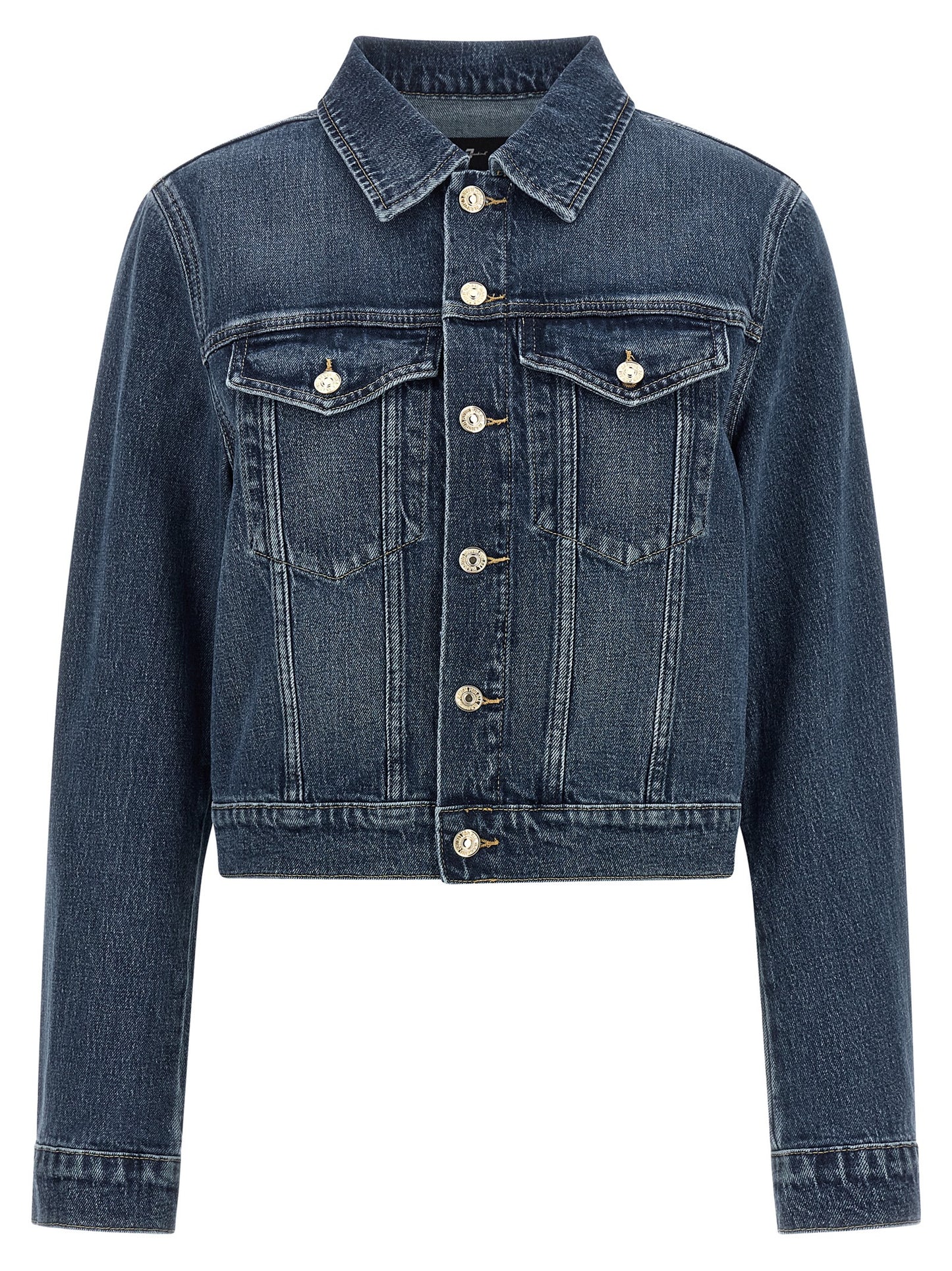 This Trucker Jacket by 7 For All Mankind for women in stretch denim cotton dark-blue exhibits a edgy silhouette, meticulously detailed with functional pockets and a edgy shirt-collar neckline for a edgy finish.