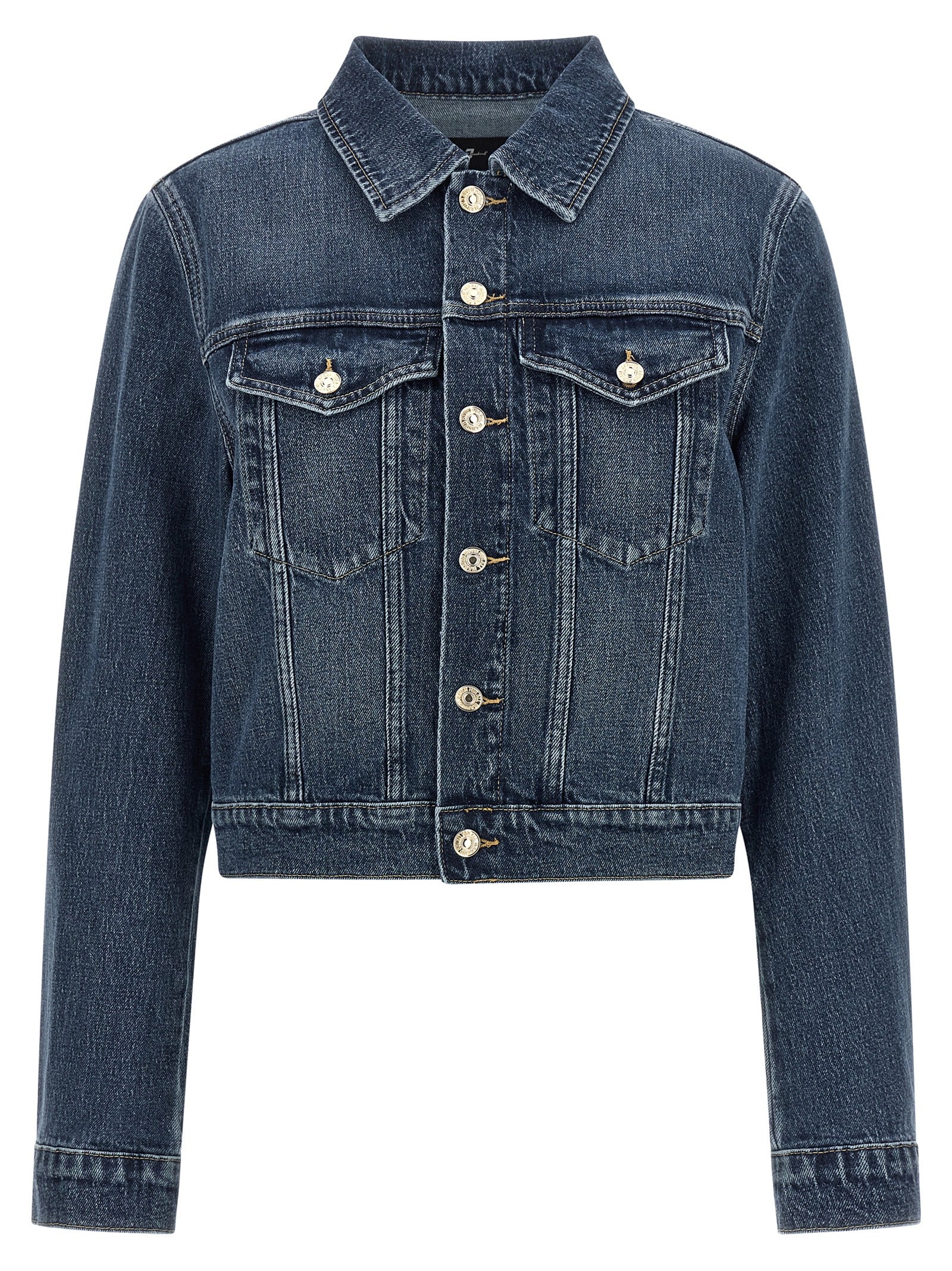 This Trucker Jacket by 7 For All Mankind for women in stretch denim cotton dark-blue exhibits a edgy silhouette, meticulously detailed with functional pockets and a edgy shirt-collar neckline for a edgy finish.