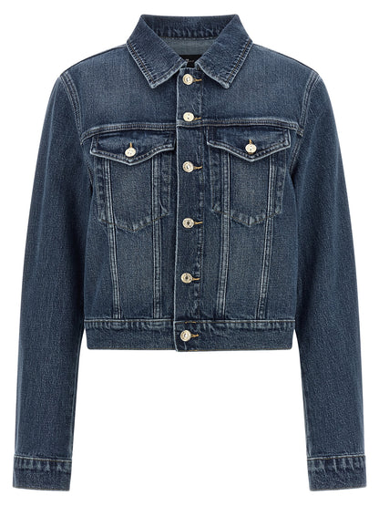 This Trucker Jacket by 7 For All Mankind for women in stretch denim cotton dark-blue exhibits a edgy silhouette, meticulously detailed with functional pockets and a edgy shirt-collar neckline for a edgy finish.