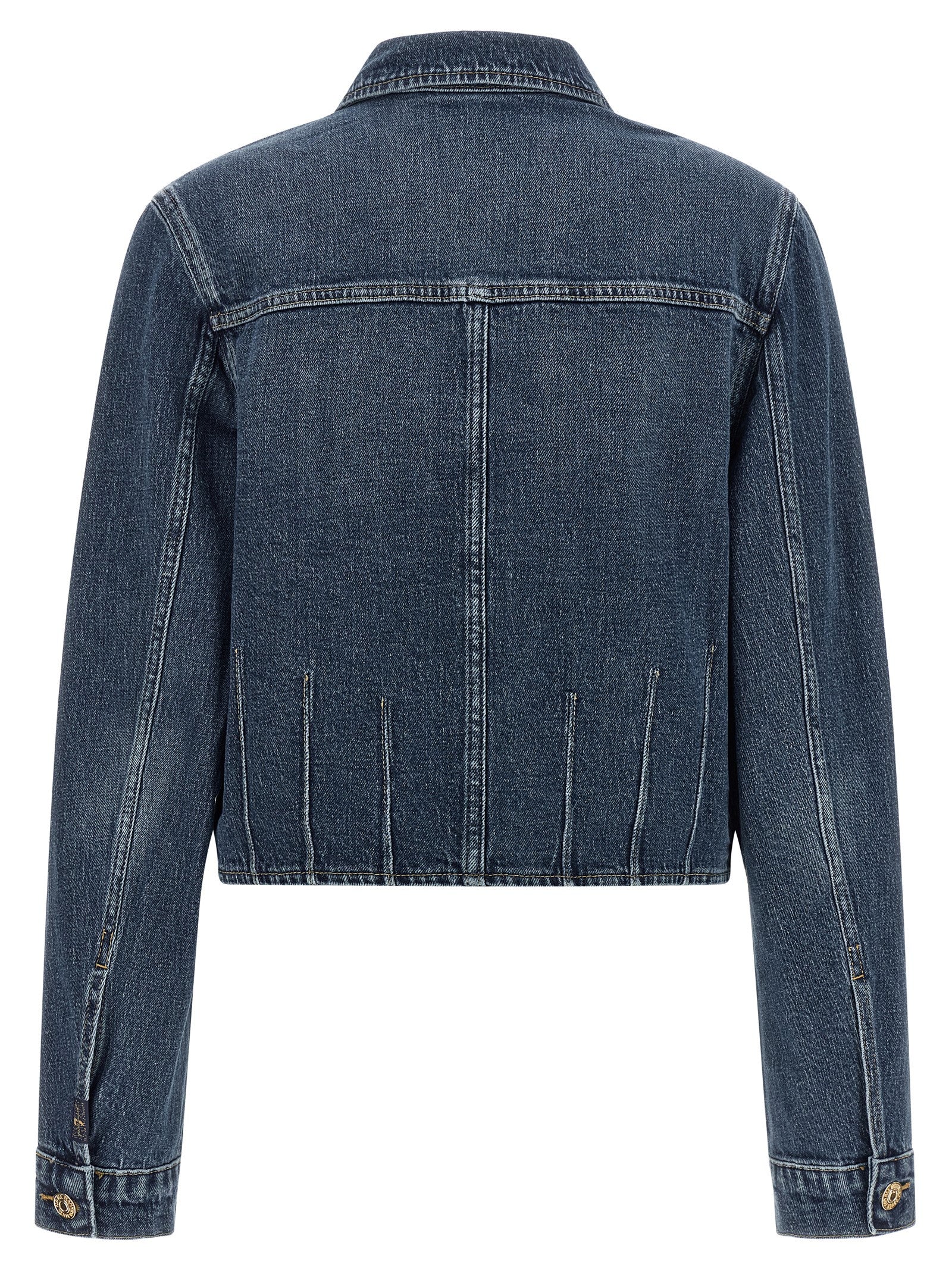 Trucker Jacket by 7 For All Mankind for women in stretch denim cotton dark-blue features an contemporary silhouette, showcasing a sophisticated shirt-collar neckline and contemporary pockets for a truly refined look.