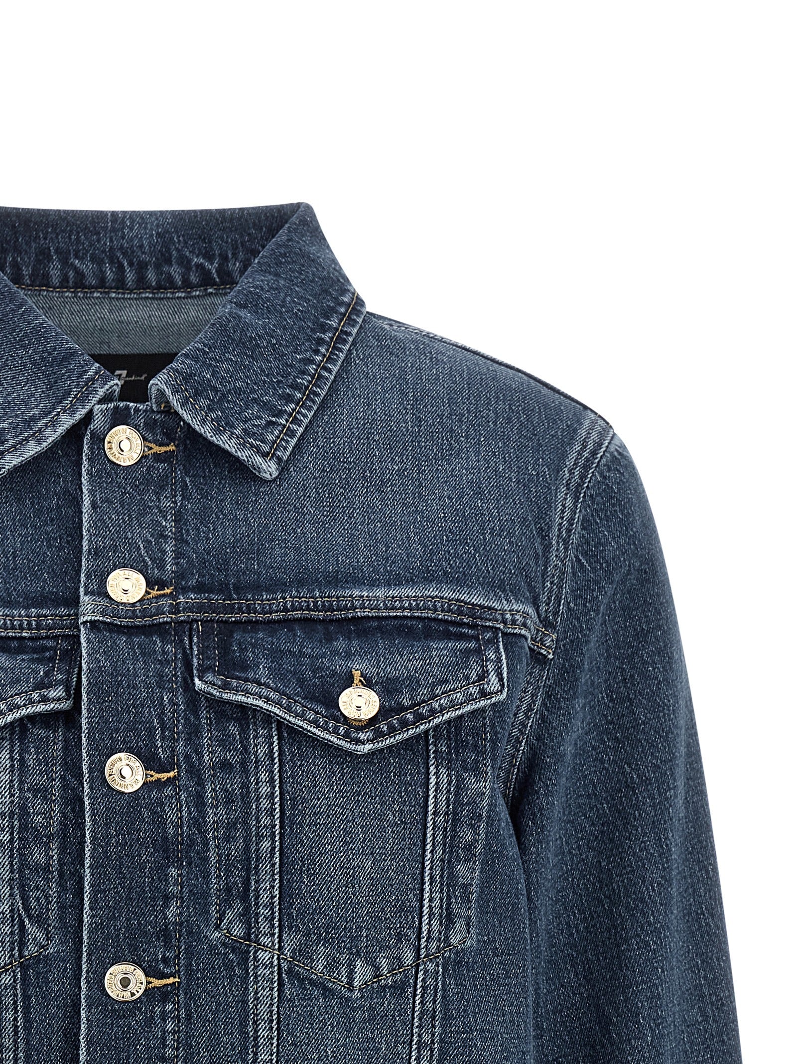 Trucker Jacket by 7 For All Mankind for women in stretch denim cotton dark-blue presents a effortlessly chic silhouette, showcasing a sophisticated shirt-collar neckline and premium pockets for a truly effortlessly chic finish.