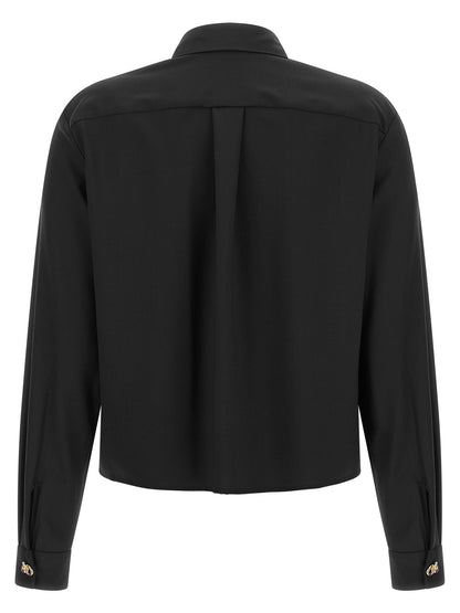 Blouse by Fabiana Filippi for women in polyamide & virgin wool black & gold showcases a sharp silhouette, elegantly detailed with a sharp square neckline and sharp .