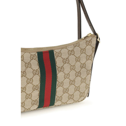 Small Shoulder Bag by Gucci for men in polyester polyamide leather & cotton beige, gold, green, red, patterned, signature & striped features an effortlessly chic silhouette with a secure zipper, ample , and versatile shoulder-strap, adjustable-strap, detachable-strap & handle for effortlessly chic everyday luxury.