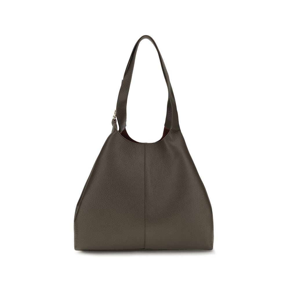 Large Pouch Tote Shoulder Bag by Coccinelle for women in grained bos taurus calf leather brown, gold & signature features an effortlessly chic silhouette with a secure zipper, toggle & button, ample single-compartment, and versatile for effortlessly chic everyday luxury.