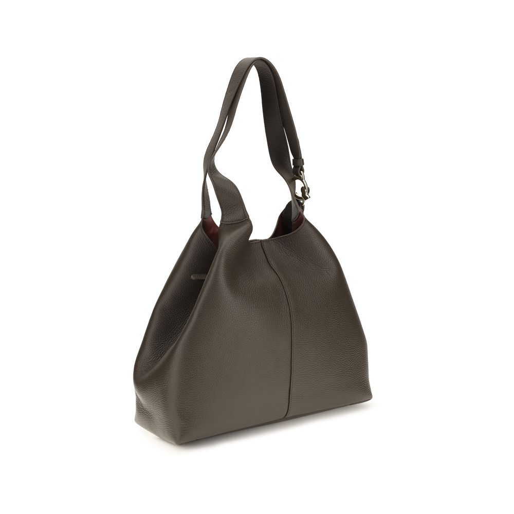 Large Pouch Tote Shoulder Bag by Coccinelle for women in grained bos taurus calf leather brown, gold & signature showcases a enviable silhouette, artfully detailed with a secure zipper, toggle & button, organized single-compartment, and versatile for a enviable look.