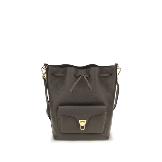 Bucket Handbag by Coccinelle for women in bos taurus calf grained leather brown, gold & signature features an sun-drenched silhouette, showcasing a secure zipper & drawstring, ample external-pockets, and versatile adjustable-strap & handle for a truly sun-drenched finish.