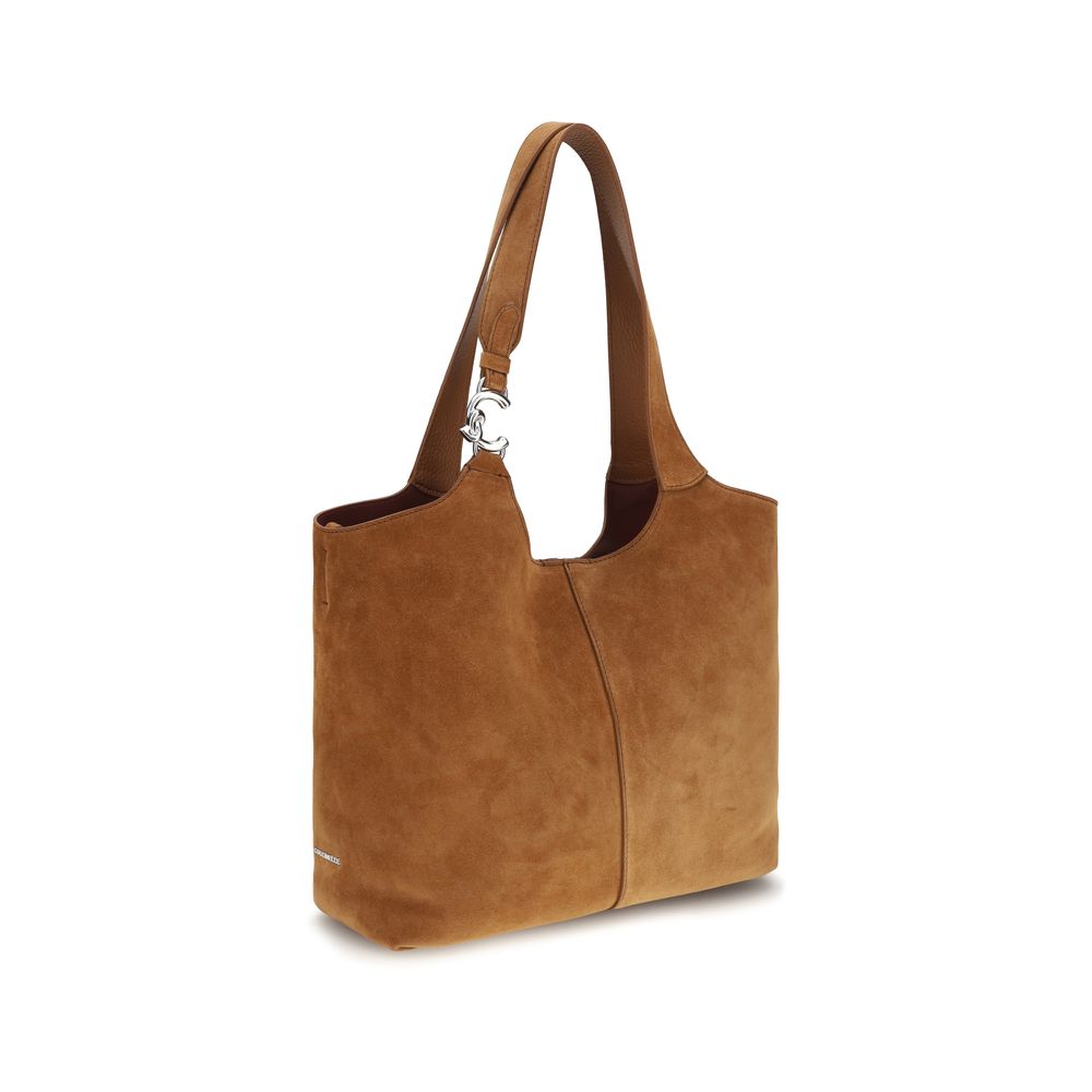 Large Shoulder Pouch Bag by Coccinelle for women in bos taurus calf leather brown, gold & signature showcases a enviable silhouette, artfully detailed with a secure zipper, magnetic, clasp & button, organized , and versatile shoulder-strap & handle for a enviable look.