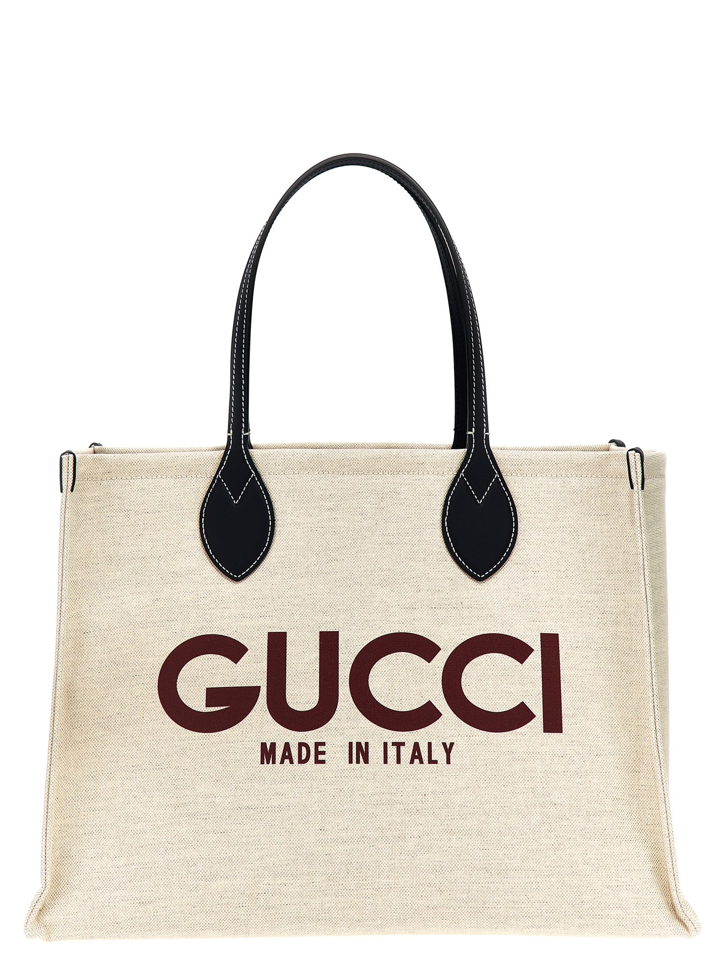 Gucci Cotton & Leather Shopper Pouch Tote Bag - Beige Print