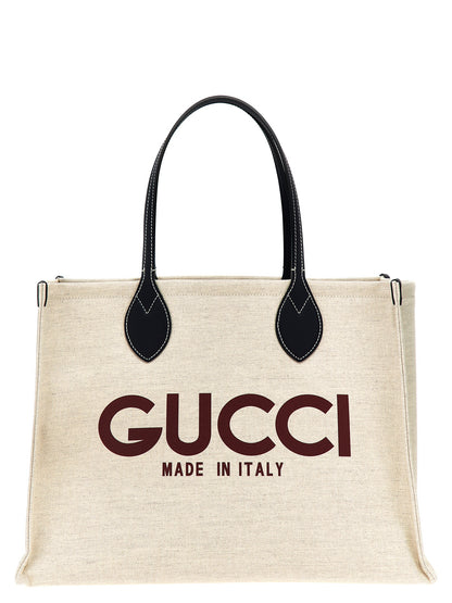 Gucci Cotton & Leather Shopper Pouch Tote Bag - Beige Print