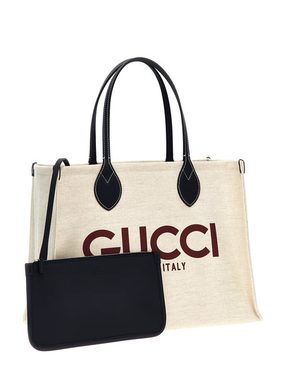 Gucci Cotton & Leather Shopper Pouch Tote Bag - Beige Print
