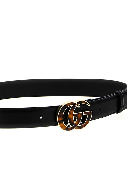 Belt by Gucci for women in plexiglass & calfskin leather black features a bohemian chic silhouette, showcasing the bohemian chic Gg Marmont Plexiglass & Calfskin Leather Belt design with a sophisticated bohemian chic finish.