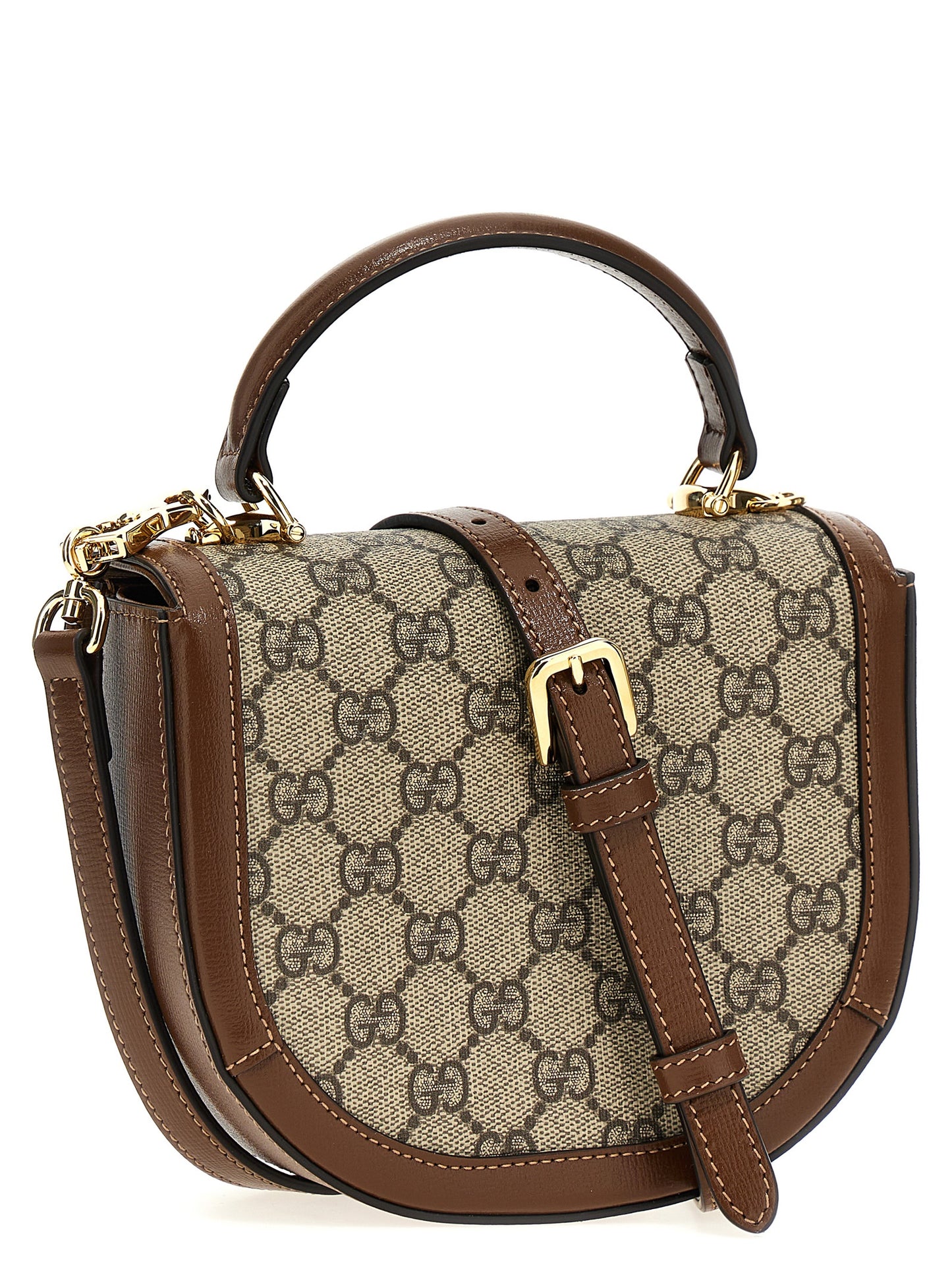 Flap Handbag by Gucci for women in poly cotton & leather brown & signature features an refined silhouette, showcasing a secure flap & magnetic, ample , and versatile shoulder-strap & handle for a sophisticated refined aesthetic.