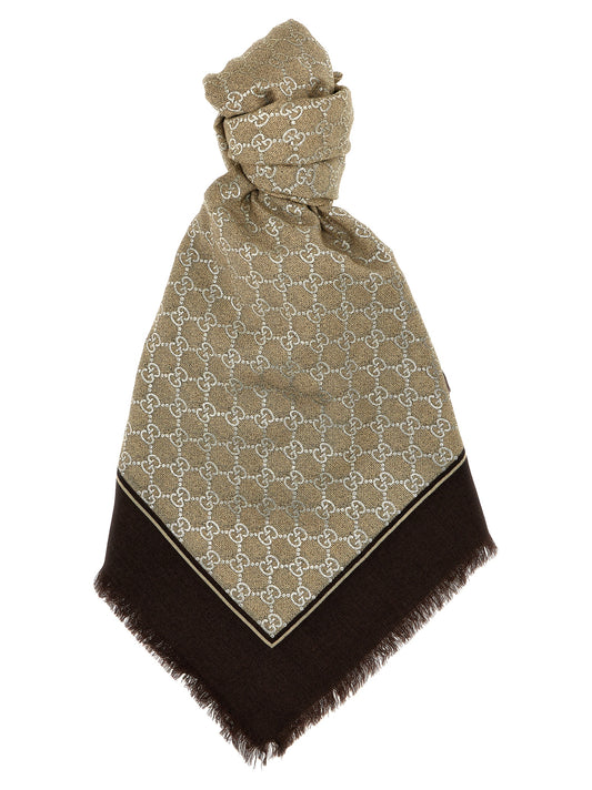 Scarf by Gucci for women in wool multicolor & jacquard showcases a warm silhouette from the Gg Wool Wrap Scarf collection, offering a warm drape that exudes sophisticated luxury.