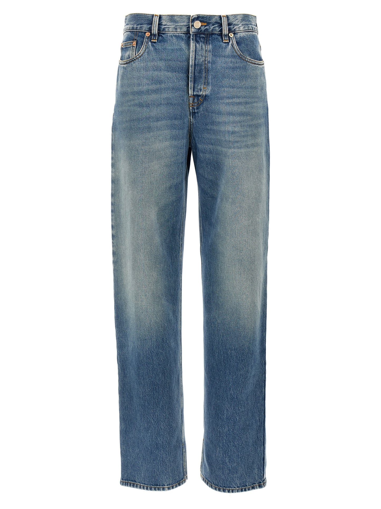 Jeans by Gucci for women in denim cotton blue & signature presents a refined pantology silhouette, artfully defined by a refined pantology relaxed-fit, boyfriend & oversized, long, and a sophisticated mid rise.