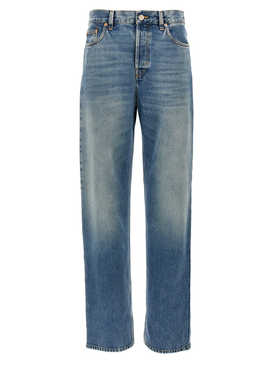 Jeans by Gucci for women in denim cotton blue & signature presents a refined pantology silhouette, artfully defined by a refined pantology relaxed-fit, boyfriend & oversized, long, and a sophisticated mid rise.