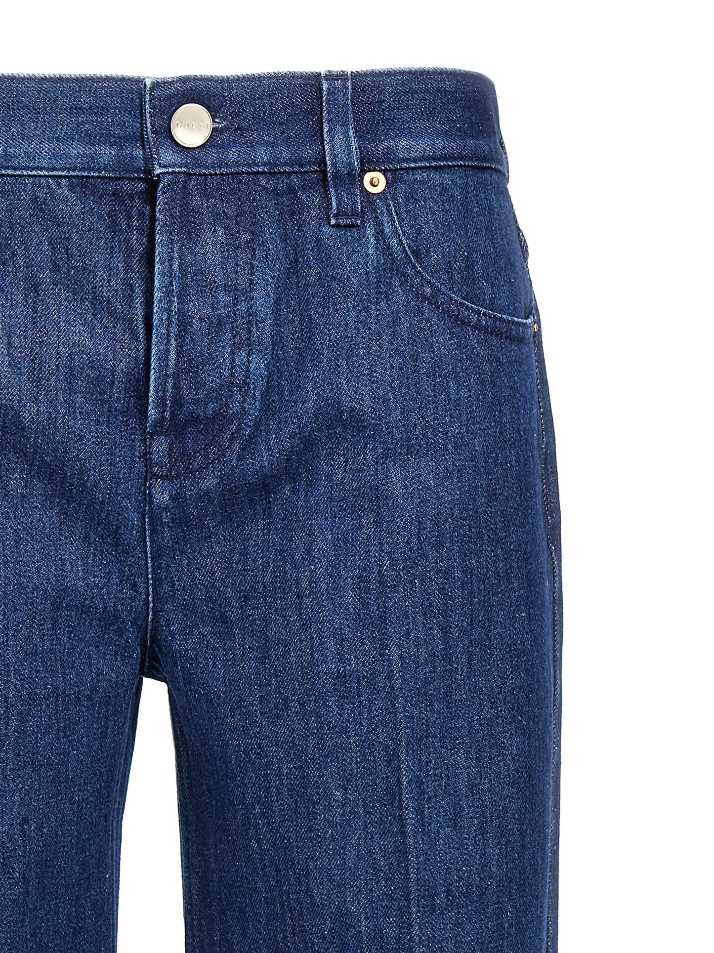 Jeans by Gucci for women in cotton denim blue & signature presents a tailored silhouette, showcasing a tailored straight-leg and long cut with a refined for a truly tailored aesthetic.