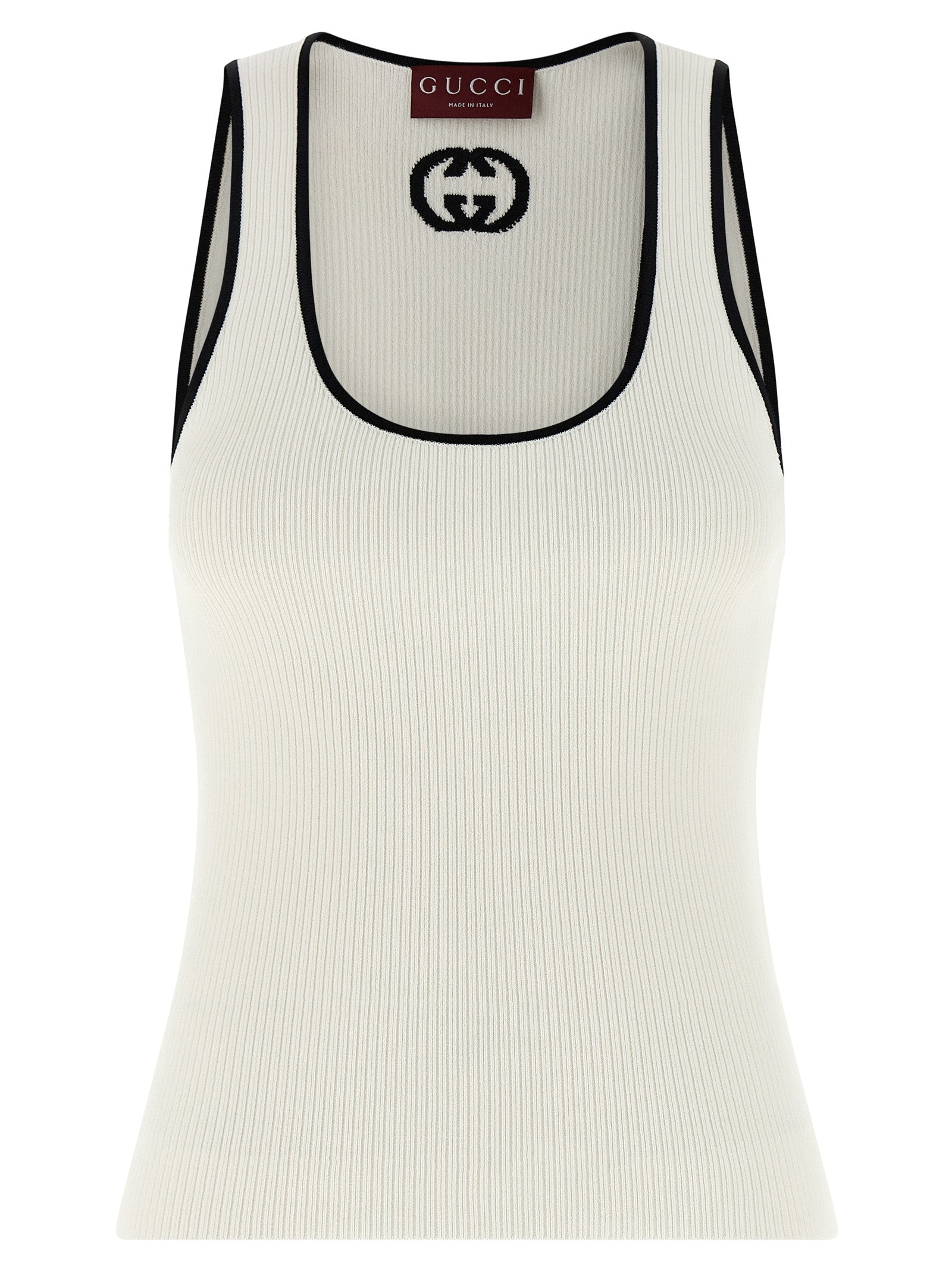Tank Top by Gucci for women in polyester & viscose bicolour, black & white showcases a meticulous silhouette, artfully finished with a meticulous round neckline and sleeveless for a sophisticated, meticulous look.