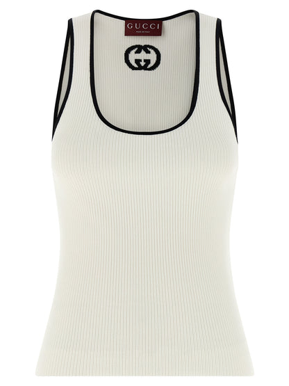 Tank Top by Gucci for women in polyester & viscose bicolour, black & white showcases a meticulous silhouette, artfully finished with a meticulous round neckline and sleeveless for a sophisticated, meticulous look.
