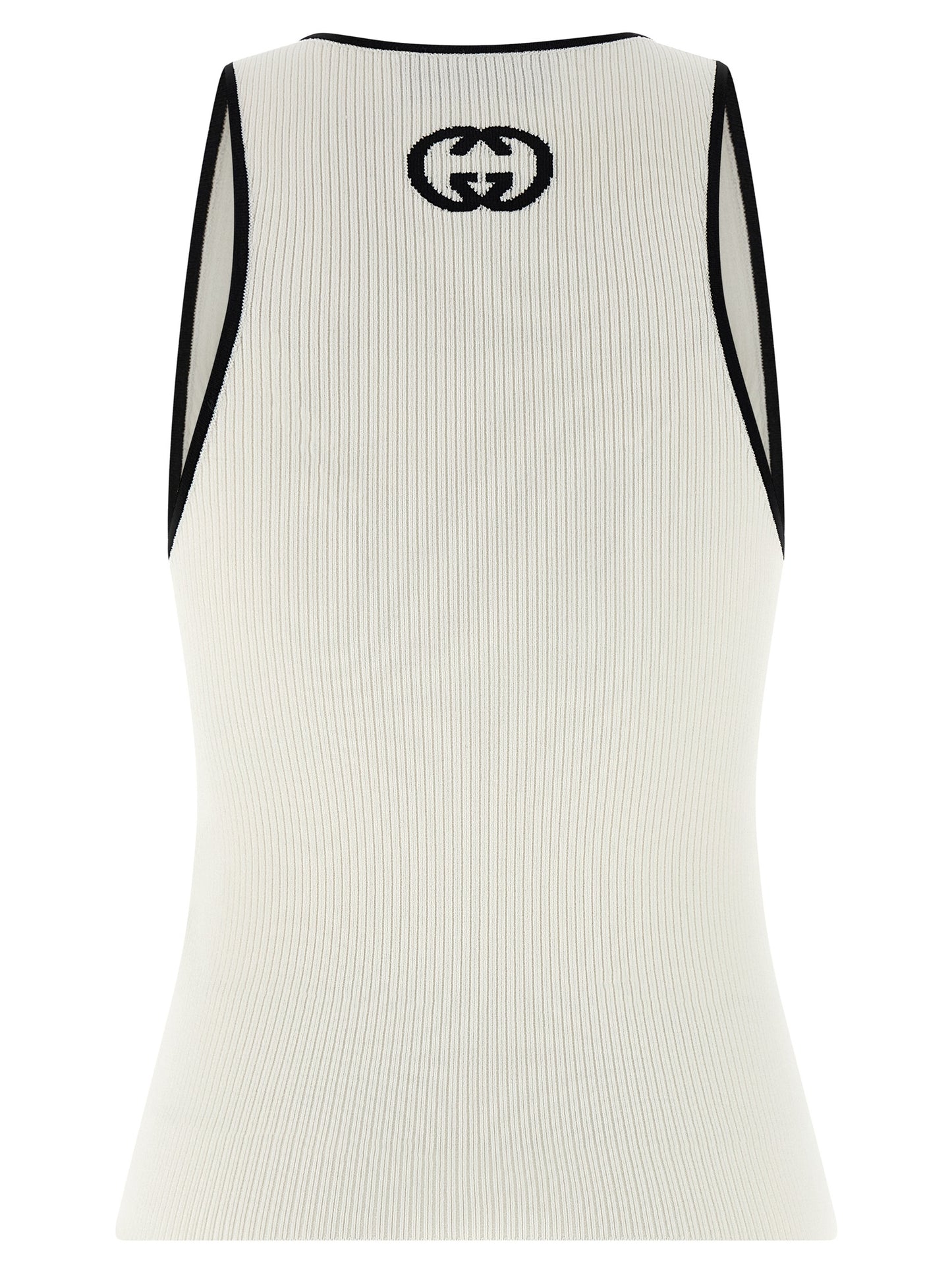 Tank Top by Gucci for women in polyester & viscose bicolour, black & white showcases a streamlined Gg Women's Wide Round Neck Polyester & Viscose Tank Top design with a streamlined and round neckline.