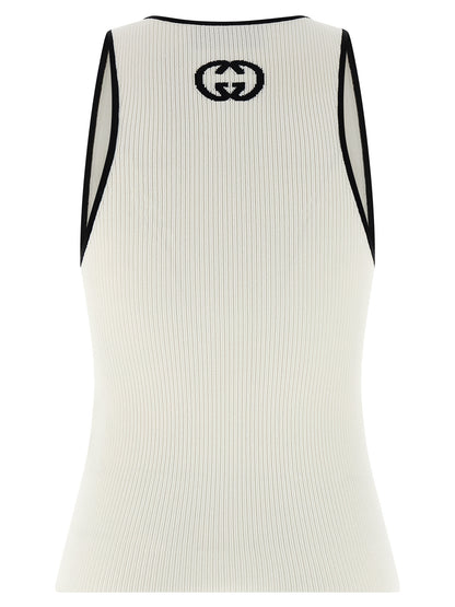 Tank Top by Gucci for women in polyester & viscose bicolour, black & white showcases a streamlined Gg Women's Wide Round Neck Polyester & Viscose Tank Top design with a streamlined and round neckline.