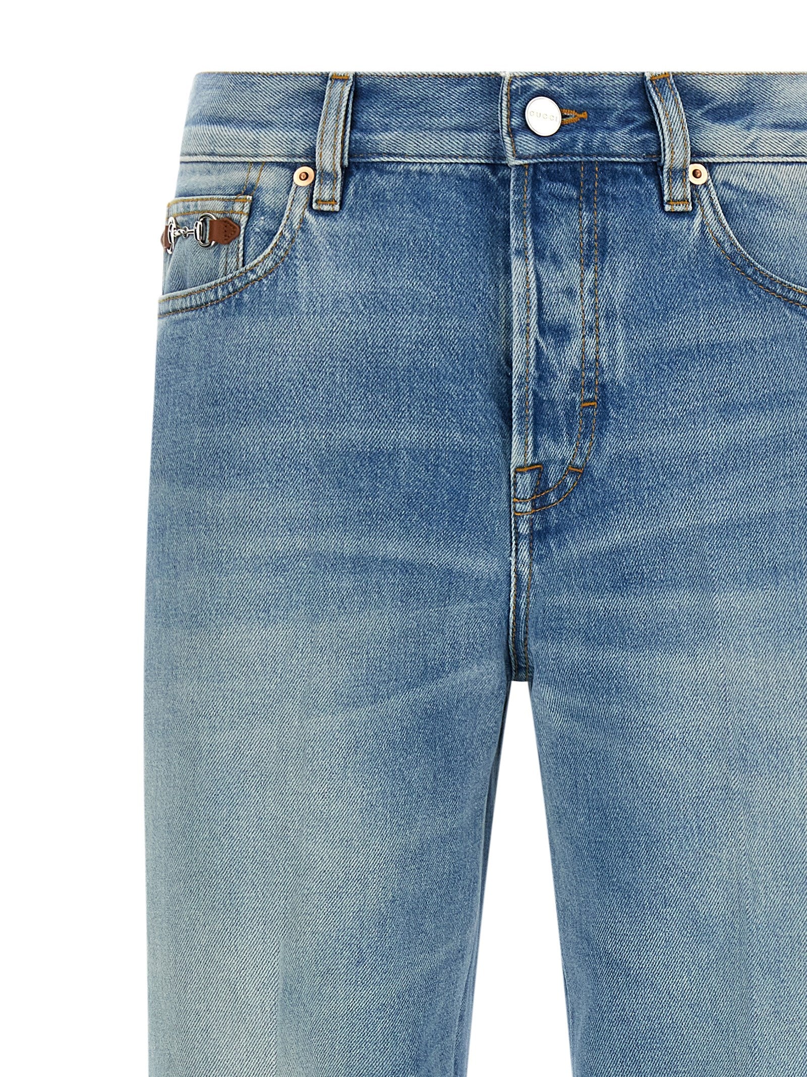 Jeans by Gucci for women in denim cotton light-blue presents a tailored silhouette, showcasing a tailored flared and long cut with a refined for a truly tailored aesthetic.