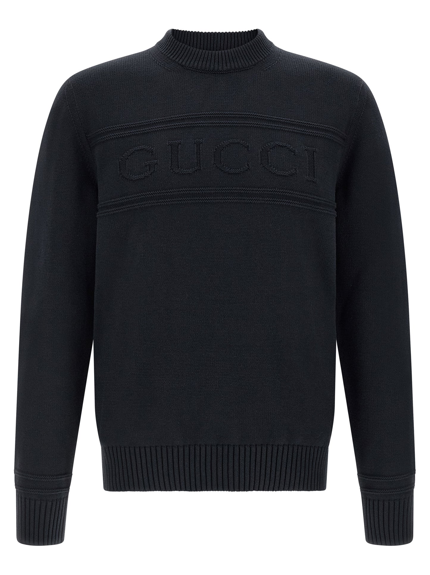Cardigan by Gucci for men in wool cotton blue features a dramatic silhouette, showcasing a sophisticated crew neckline and dramatic detail for a timeless, premium look.