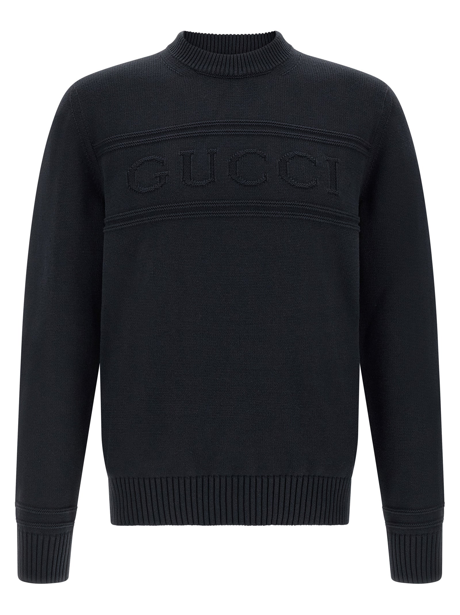 Cardigan by Gucci for men in wool cotton blue features a dramatic silhouette, showcasing a sophisticated crew neckline and dramatic detail for a timeless, premium look.