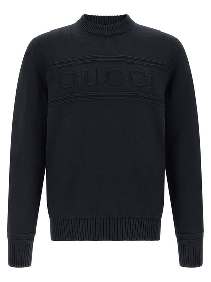 Cardigan by Gucci for men in wool cotton blue features a dramatic silhouette, showcasing a sophisticated crew neckline and dramatic detail for a timeless, premium look.