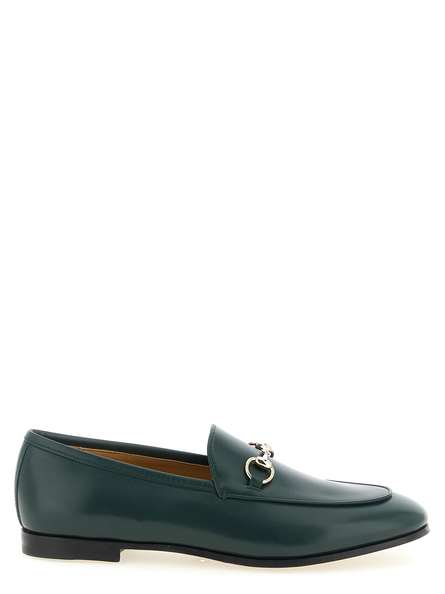 Flat Loafer Slip-On Shoes by Gucci for women in calfskin leather bicolour & green showcases a impeccable silhouette as Women's Calfskin Leather Flat Loafer Slip-On Shoes, artfully designed with a impeccable flat and refined almond toe style for a impeccable finish.