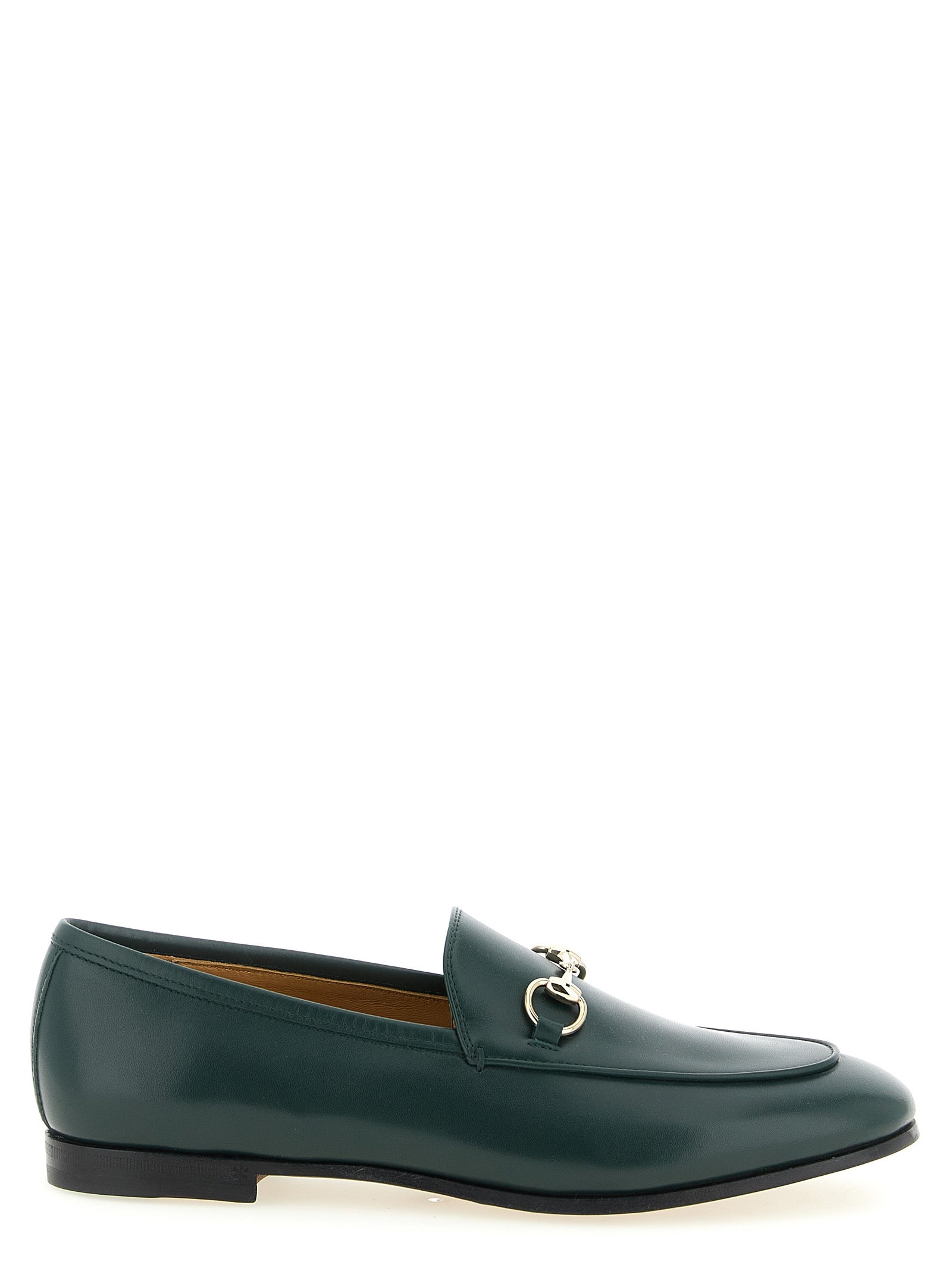 Flat Loafer Slip-On Shoes by Gucci for women in calfskin leather bicolour & green showcases a impeccable silhouette as Women's Calfskin Leather Flat Loafer Slip-On Shoes, artfully designed with a impeccable flat and refined almond toe style for a impeccable finish.