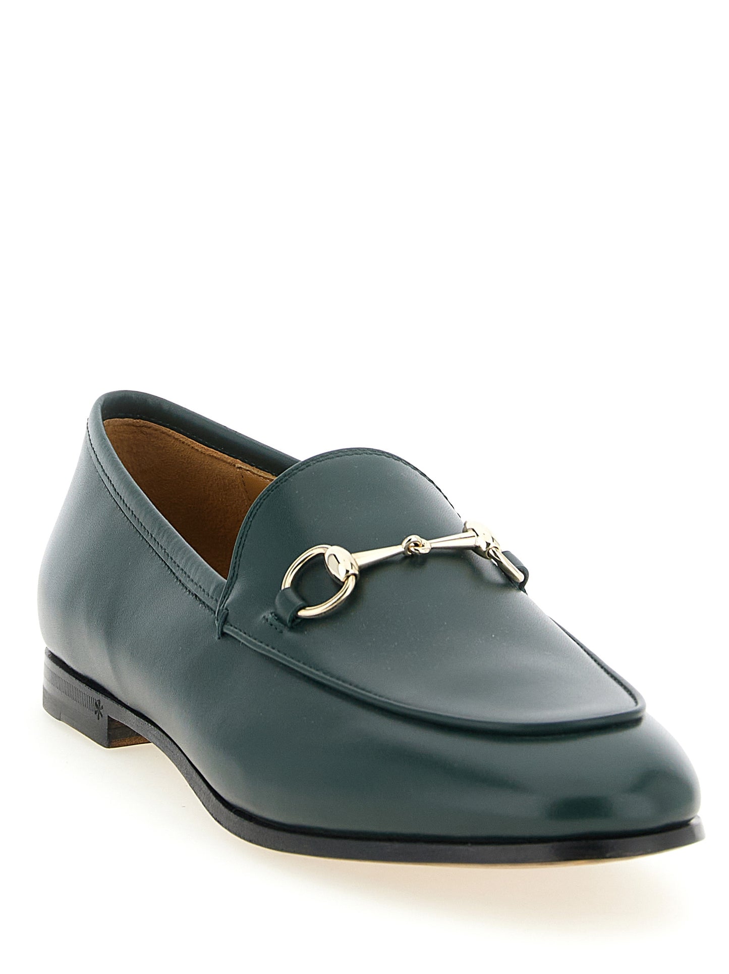 Flat Loafer Slip-On Shoes by Gucci for women in calfskin leather bicolour & green features an ergonomic silhouette, perfectly showcasing Women's Calfskin Leather Flat Loafer Slip-On Shoes with its distinct flat and elegant almond toe style.
