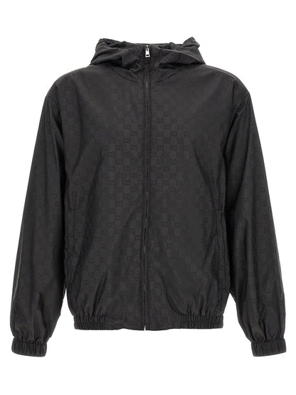 Gucci Gg Men's Nylon & Mesh Hooded Windbreaker Jacket - Black Jacquard