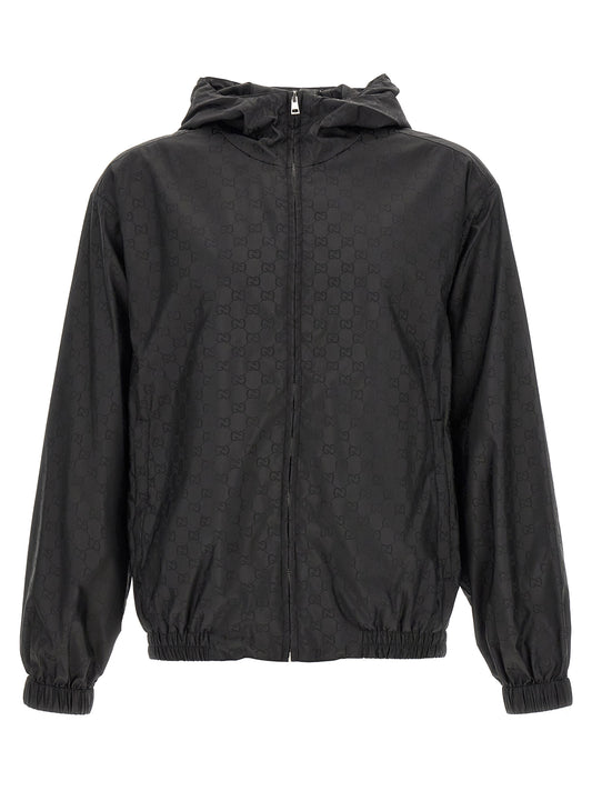 Hooded Windbreaker Jacket by Gucci for men in nylon & mesh black, patterned & jacquard features an magnificent silhouette, showcasing the sophisticated hooded high-neck neckline and functional breathable-design, pockets, hooded & windproof for a premium, magnificent look.