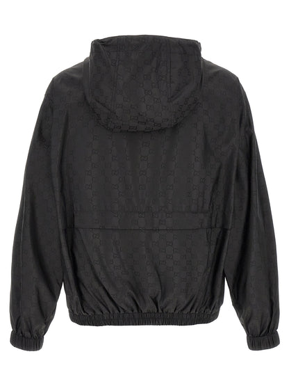 Gucci Gg Men's Nylon & Mesh Hooded Windbreaker Jacket - Black Jacquard