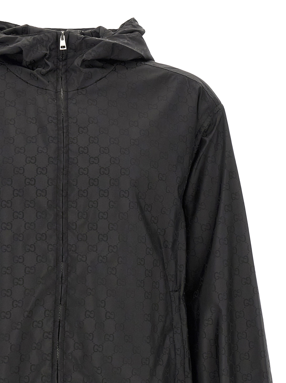 Gucci Gg Men's Nylon & Mesh Hooded Windbreaker Jacket - Black Jacquard