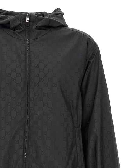 Gucci Gg Men's Nylon & Mesh Hooded Windbreaker Jacket - Black Jacquard