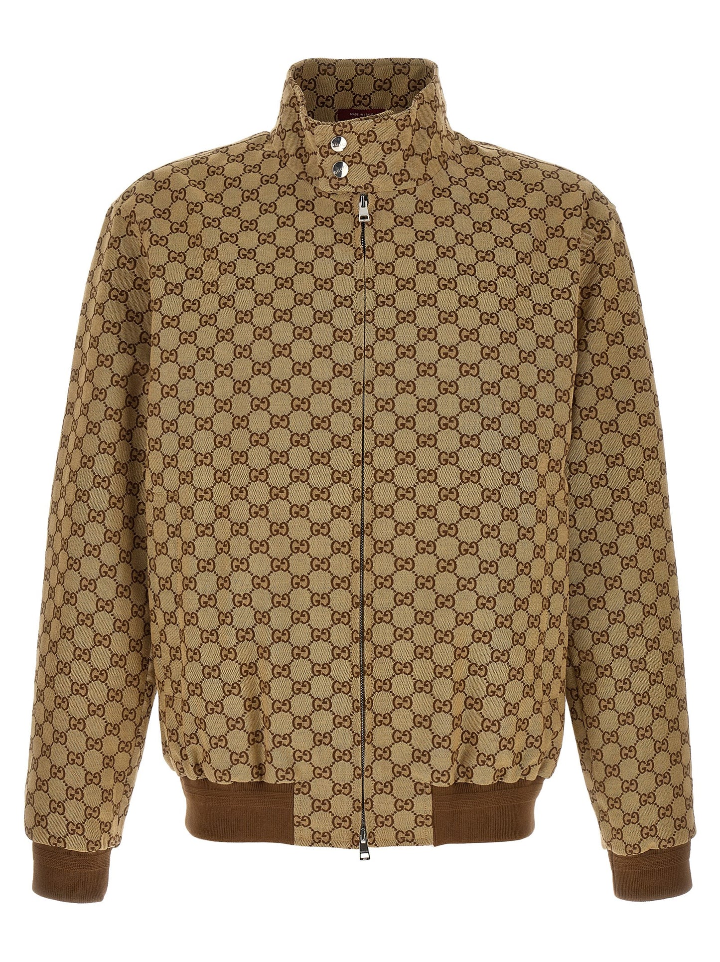 Bomber Jacket by Gucci for men in cotton polyester beige & signature features a city-ready silhouette, detailed with pockets and a city-ready high-neck neckline.