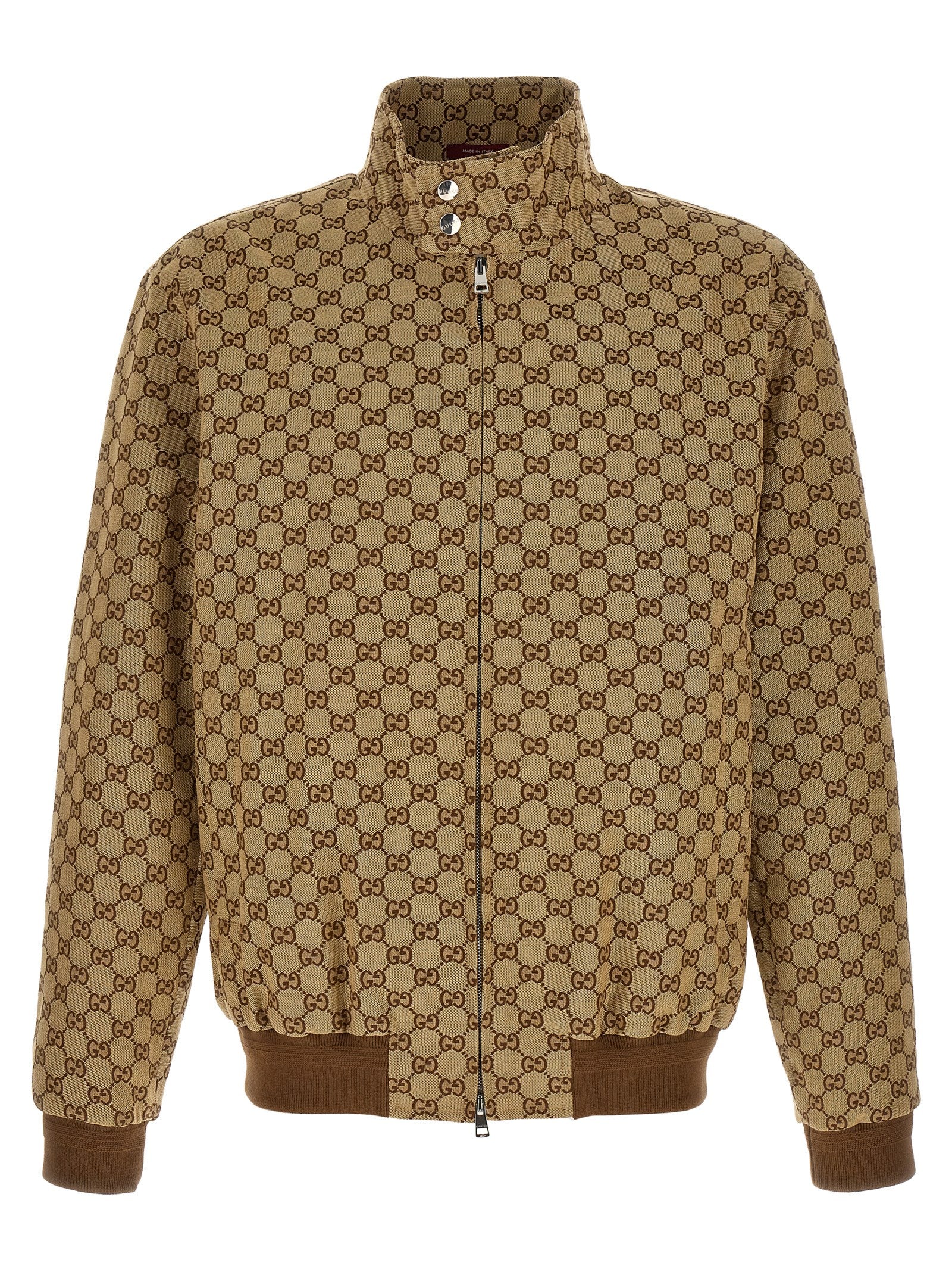 Bomber Jacket by Gucci for men in cotton polyester beige & signature features a city-ready silhouette, detailed with pockets and a city-ready high-neck neckline.