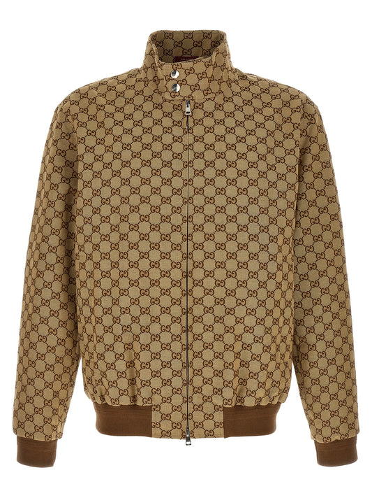 Bomber Jacket by Gucci for men in cotton polyester beige & signature features a city-ready silhouette, detailed with pockets and a city-ready high-neck neckline.