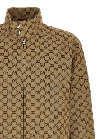 Bomber Jacket by Gucci for men in cotton polyester beige & signature showcases a bohemian silhouette, artfully detailed with a bohemian high-neck neckline and signature pockets for a truly bohemian finish.