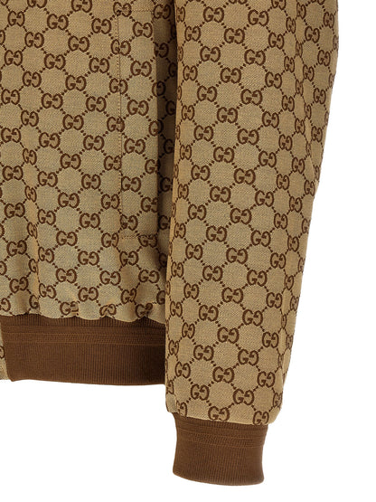 This Bomber Jacket by Gucci for men in cotton polyester beige & signature exhibits a edgy silhouette, meticulously detailed with functional pockets and a edgy for a edgy finish.