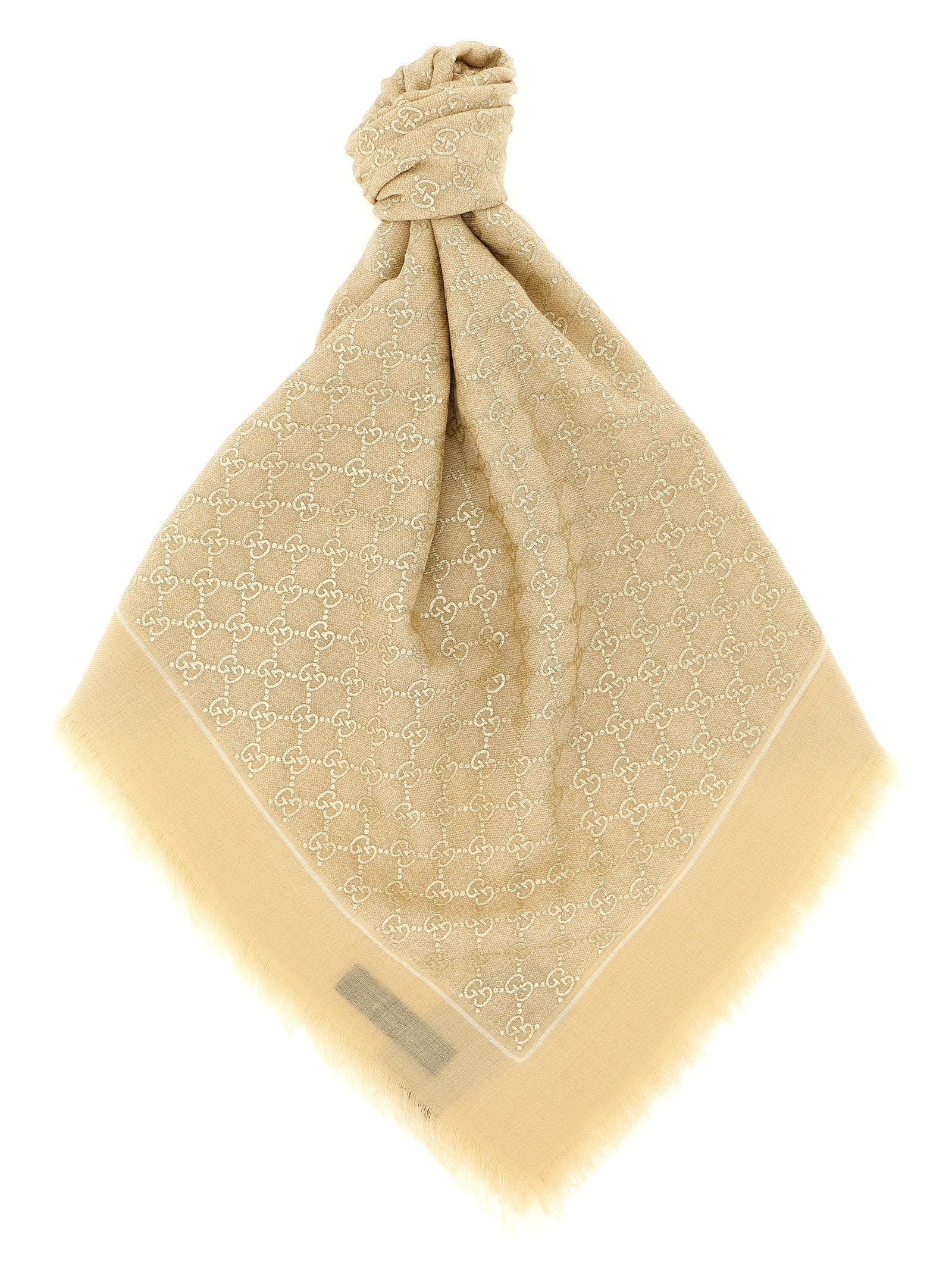 Scarf by Gucci for women in wool beige & jacquard features a snug silhouette, perfectly showcasing the elegant drape and premium finish of the Gg Wool Rectangular Fringes Scarf.