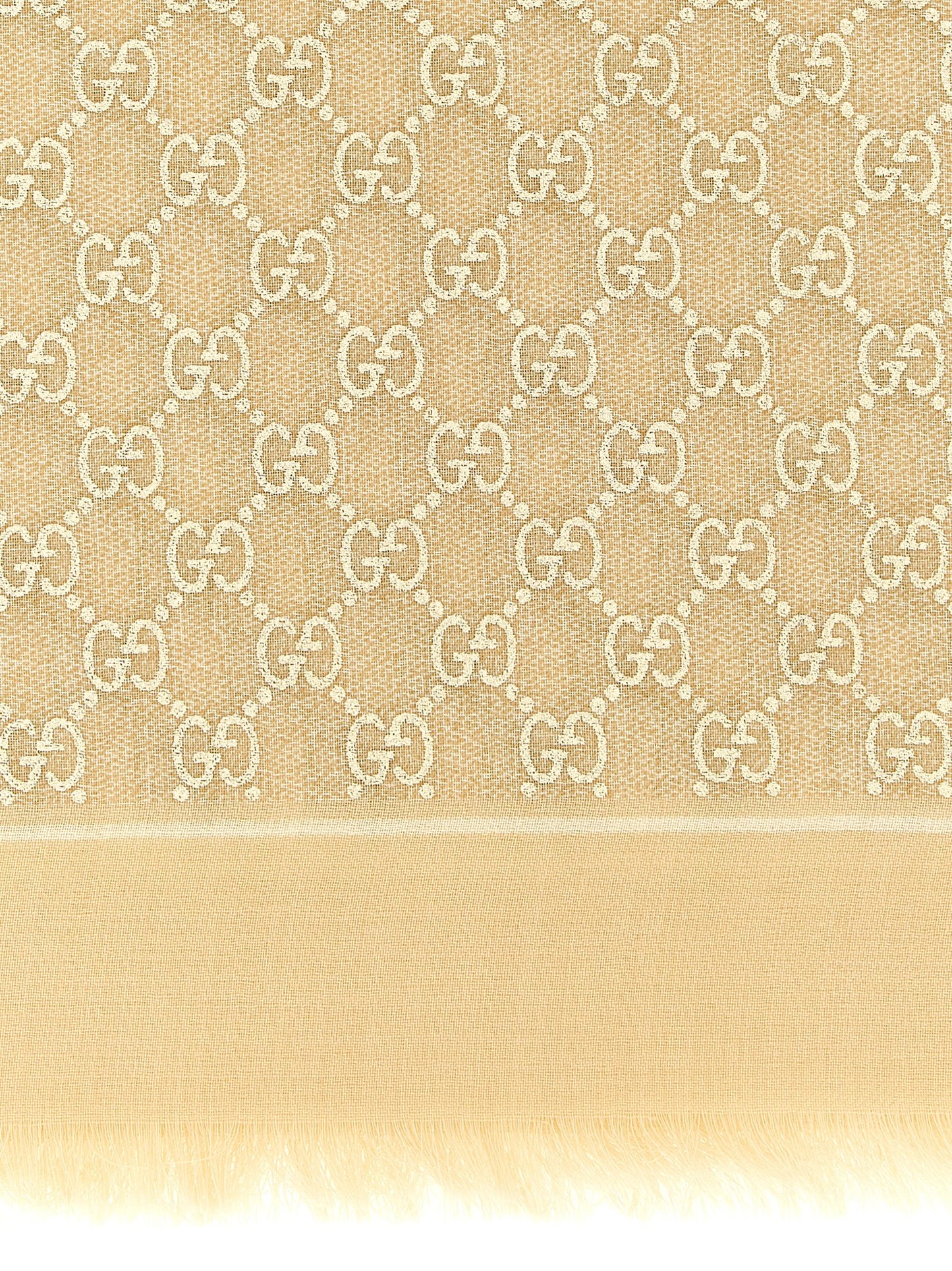 Scarf by Gucci for women in wool beige & jacquard showcases a eye catching silhouette, artfully capturing the essence of the eye catching Gg Wool Rectangular Fringes Scarf design for a sophisticated look.