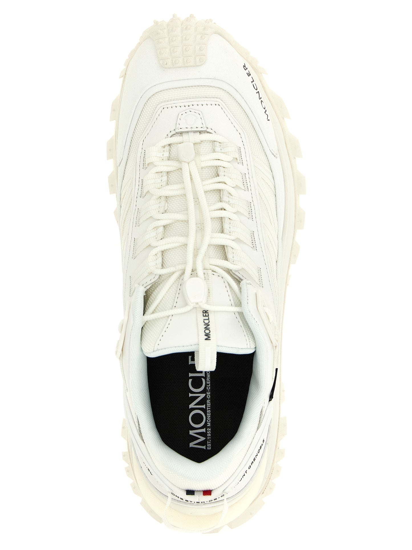 Athletic Sneakers by Moncler for men in leather white & signature features an effortless chic silhouette, showcasing the signature athletic style of the Men's Athletic Leather Sneakers collection with a truly effortless chic finish.