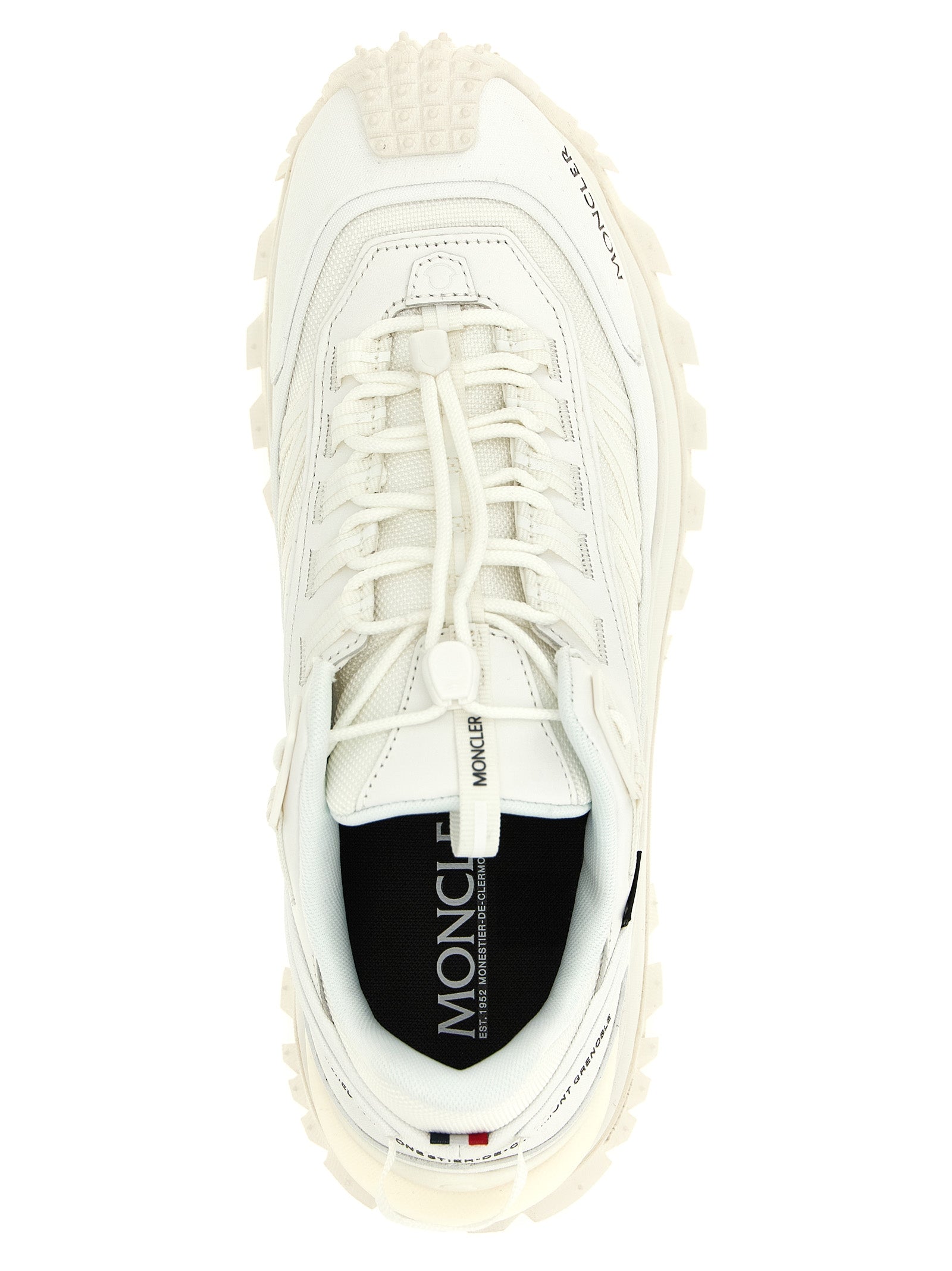 Athletic Sneakers by Moncler for men in leather white & signature features an effortless chic silhouette, showcasing the signature athletic style of the Men's Athletic Leather Sneakers collection with a truly effortless chic finish.