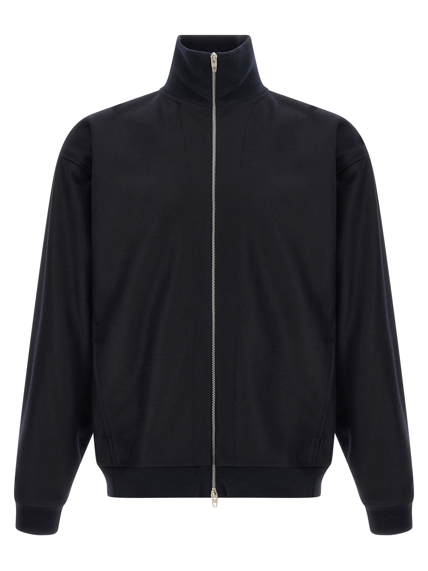 Overcoat by Jil Sander for men in wool blue & silver presents a luxurious silhouette, showcasing a luxurious and sophisticated for a premium, luxurious look.