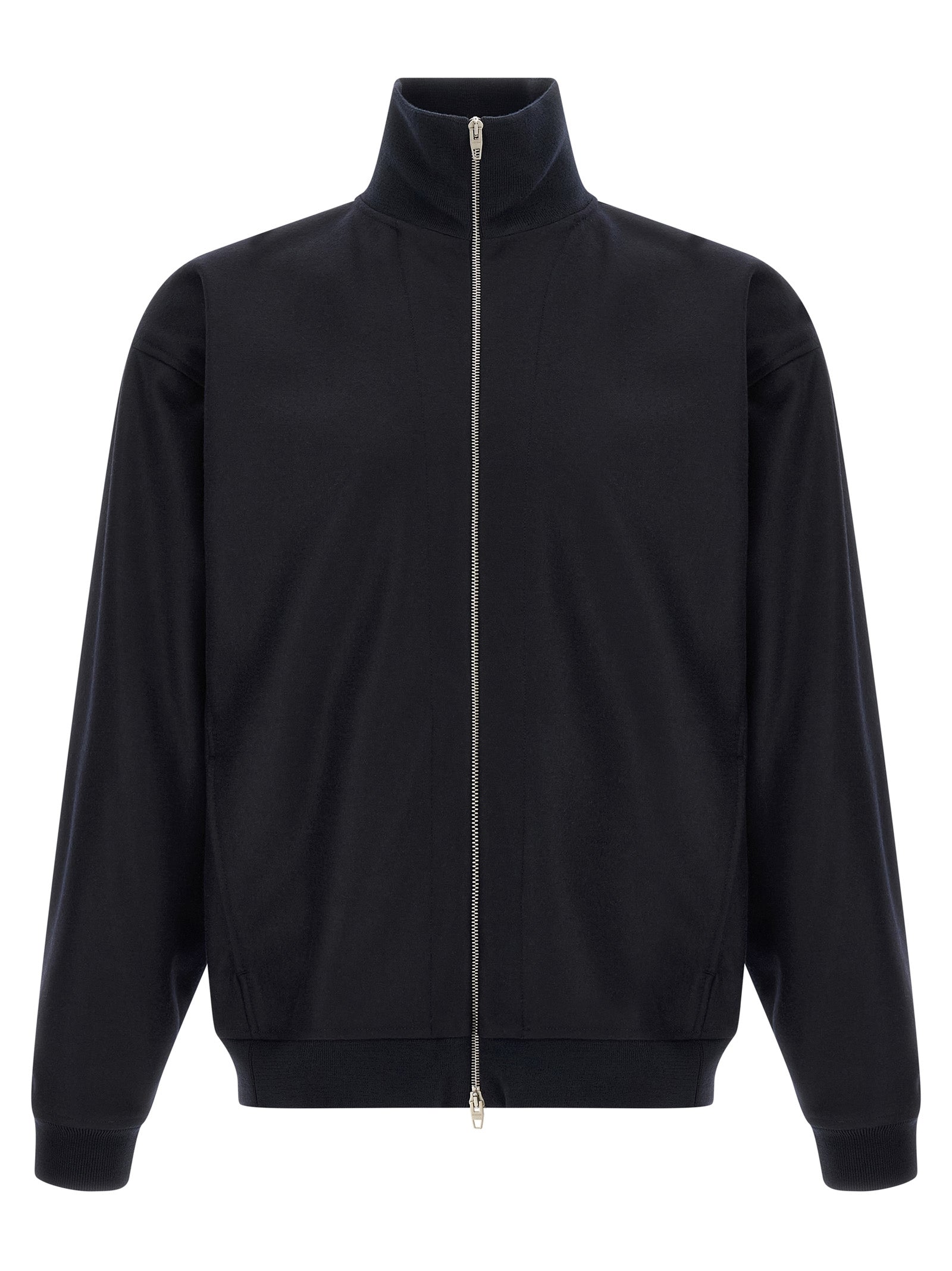 Overcoat by Jil Sander for men in wool blue & silver presents a luxurious silhouette, showcasing a luxurious and sophisticated for a premium, luxurious look.