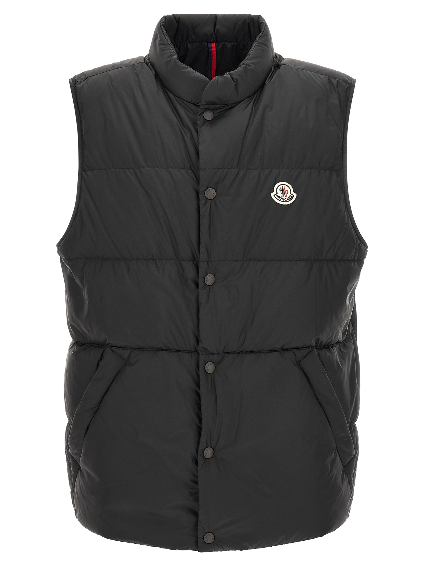 Vest by Moncler for men in polyamide felt black showcases a utilitarian silhouette, artfully incorporating pockets and a utilitarian for a truly utilitarian finish.